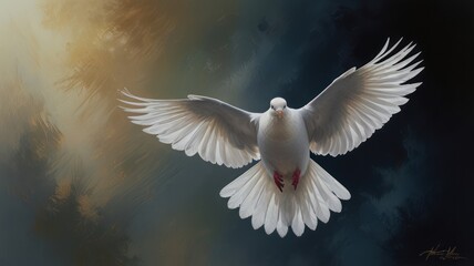 A white dove in flight against a dramatic sky with light shining through clouds.