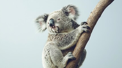 Poster -   A koala perched atop a tree limb, with a turned head and wide-open eyes