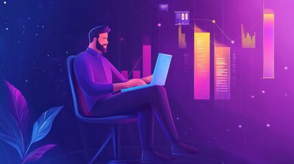 Poster - data analysis to increase sales and revenue. man sitting with laptop and working with growing graph.