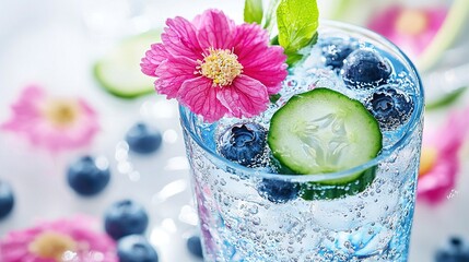 Sticker -   A zoomed-in picture featuring a blueberry-topped glass of water alongside a cucumber slice