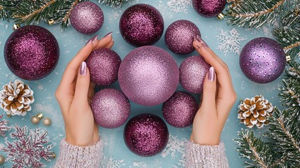 Wall Mural -   A woman clutching a purple ornament amidst Christmas decorations and pine cones against a blue backdrop