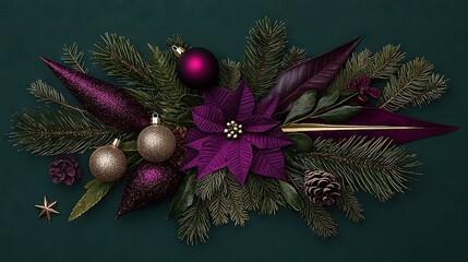 Wall Mural -   A poinsettia in purple with Christmas ornaments and pine cones on a green background, adorned with a golden star