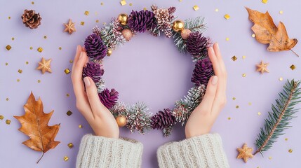 Wall Mural -   A woman holding a pine cone wreath against a purple background with Christmas decorations surrounding her