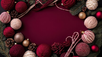 Wall Mural -   A Christmas wreath with balls, candy canes, and pine cones on a red background with space for text