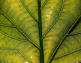 microscopic detail of a green leaf showing the fine structure of the veins with some warm sun light