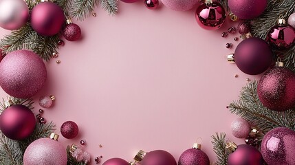 Wall Mural -   A pink Christmas ornament, encircled by tree branches and baubles, sits against a pink background, providing space for a text