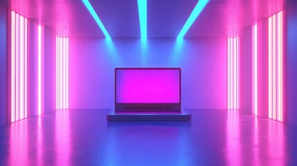 Poster - Futuristic illustration about technology with a laptop in neon colors. Generate AI image