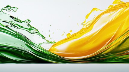 Wall Mural -   A green, yellow, and orange liquid swirls into the wave shape on a white surface with a white background