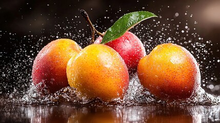 Canvas Print -   Three apples splash into the water with a green leaf atop one and a different apple submerged at the bottom