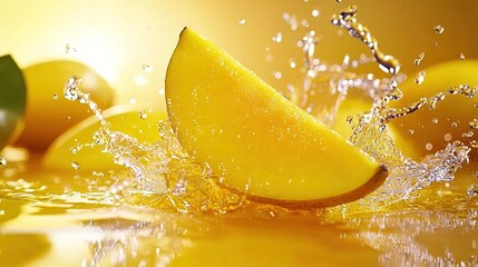 Canvas Print -   A detailed image of a banana with water droplets splashing onto it, surrounded by lemons and a vibrant green leaf in the foreground