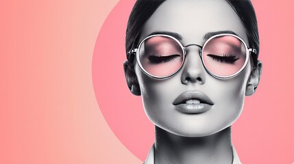 Sticker -   A woman wearing pink eyeliner, round glasses, and a pink background