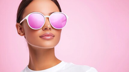 Sticker -   A woman in pink sunglasses wearing a white T-shirt with a pink heart on her face is optimized text