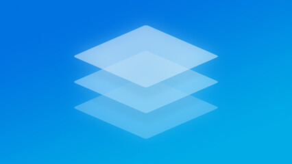 Poster - Three transparent and layered light rhombus shapes (tilted squares) on a bright and vibrant blue color gradient background. Abstract and modern high resolution full frame background with copy space.