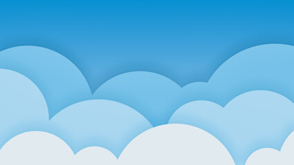 Poster - Blue sky with big light blue layered flat cartoon style clouds with color gradient to white. Abstract cloudy heaven illustration background. Design for banner, poster, flyer, card, brochure, web desig