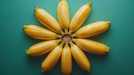 Poster -   A photo of close-up bananas on a green background with water drops on top