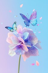 Canvas Print -   Blue-pink flower w/butterfly flying on blue-pink background with confetti