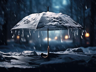 umbrella in the melting snow and ice. climate change, bad weather concept.