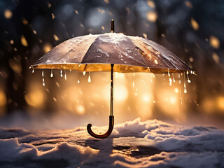 umbrella in the melting snow and ice. climate change, bad weather concept.