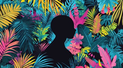 Canvas Print -   A man silhouette amidst tropical foliage and blossoms on black backdrop, adorned in pink, yellow, green, and blue