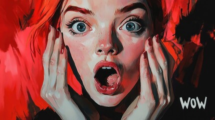 Wall Mural - Surprised Woman in Vibrant Digital Portrait Art with Pop Art Influence