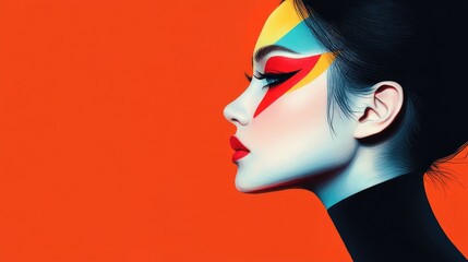 Wall Mural - Vibrant Face Art Portrait Against Bold Orange Background in Profile View