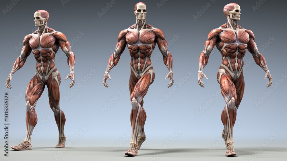 Anatomical chart showcasing muscular system from multiple angles ...