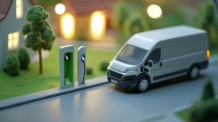 close-up of a model electric delivery van next to a miniature charging station in a green urban setting