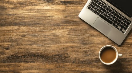 Poster - work from home.desk office with laptop and coffee cup on wood table.flat lay top view copy spce.