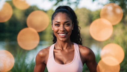 Bellissima donna di origini africane con abbigliamento sportivo rosa per il fitness sorride mentre fa jogging in mezzo ad un parco nella natura