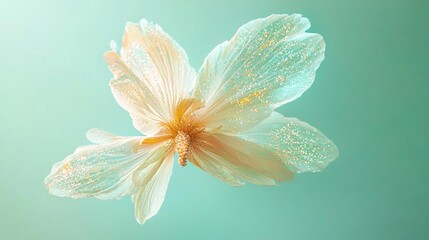 Poster -   A macro photo of a pearly blossom with water droplets on its petals against a soft sky blue backdrop