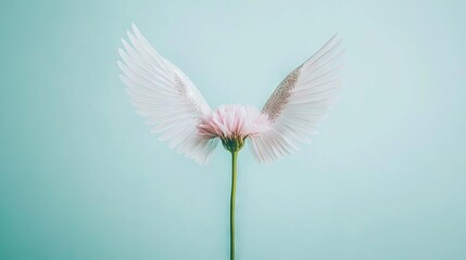 Wall Mural -  A pink flower with two white wings and a green stem in front of a light blue background