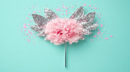 Canvas Print -   A close-up of a flower on a stick with confetti sprinkles on a blue background is a beautiful and unique image The flower adds a touch of nature to the scene, while