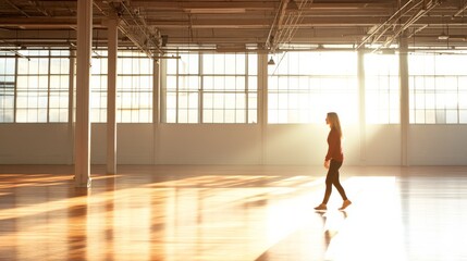 Poster - A woman dressed casually strolls along a shiny wooden floor in a large warehouse loft, with her shadow cast behind her in soft, filtered light