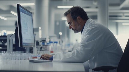 Fototapete - A dedicated male scientist in a white lab coat leans forward, analyzing data on a large screen in a cutting-edge research facility. Test tubes and equipment can be seen in the background
