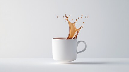 Sticker -  A cup of coffee with a splash of liquid pouring from the top onto a white background