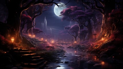 Wall Mural - Fantasy and fairytale magical forest with purple and cyan light lighting pathway. Digital painting landscape.