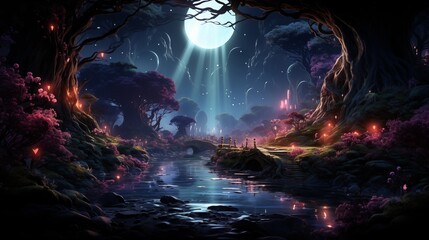 Wall Mural - Fantasy and fairytale magical forest with purple and cyan light lighting pathway. Digital painting landscape.