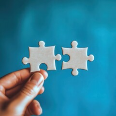 hand holding two jigsaw puzzle pieces in front of a blue background