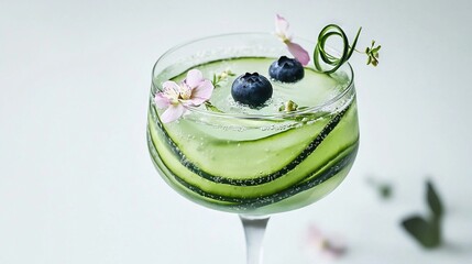 Poster -   A detailed picture of a glass filled with wine containing blueberry and cucumber decorations on the edge