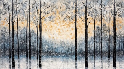 Winter forest painting with snow-covered trees