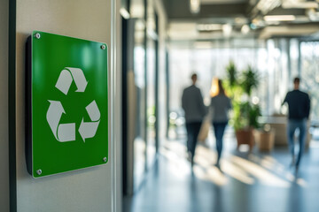 Poster - Green recycling sign is attached to a wall in a modern office with business people walking in the background