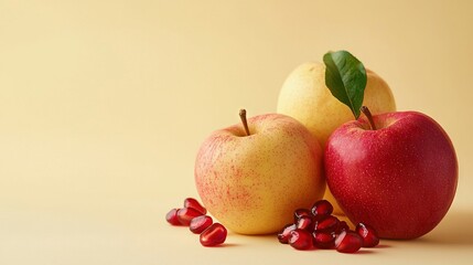 Poster -   A yellow background with a green leaf and a couple of red apples and pomegranates