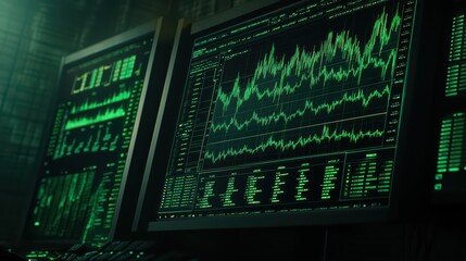 Poster - Digital screens displaying data analytics and financial graphs in green tones.