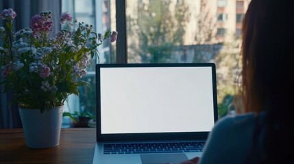 Laptop with blank white screen being used by woman. Female student e-learning distance training course study, work at home office. Young woman watching online education webinar using laptop mock up