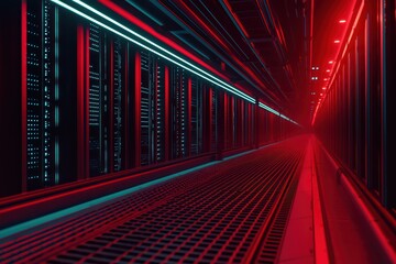 Poster - Futuristic data center corridor illuminated with red lights and modern equipment, creating a high-tech atmosphere.