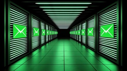 Poster - Futuristic data center corridor with glowing green lights and server racks, creating a high-tech atmosphere.