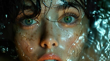 Wall Mural - Close-Up Portrait of a Woman's Face Covered in Water