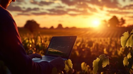 Modern agriculture technology with a person using a laptop to analyze data on sustainable farming practices at sunset in a vineyard