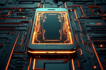 Futuristic smartphone design with glowing circuitry on a dark background.