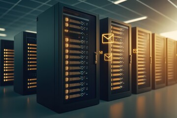 Poster - Modern data center with server racks and glowing connections, showcasing digital communication technology.